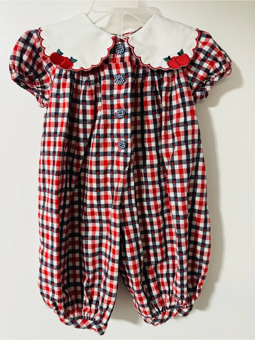 Vintage Bonnie Baby Plaid Bear Appliqué Bubble Romper